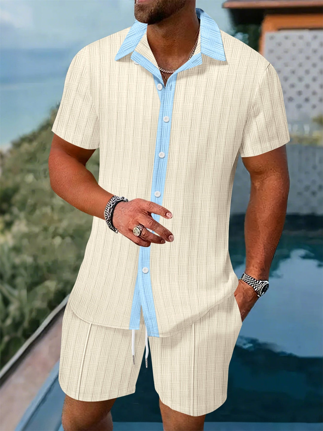 Men's casual button-up shirt & shorts set. Essential summer leisure wear for modern men.