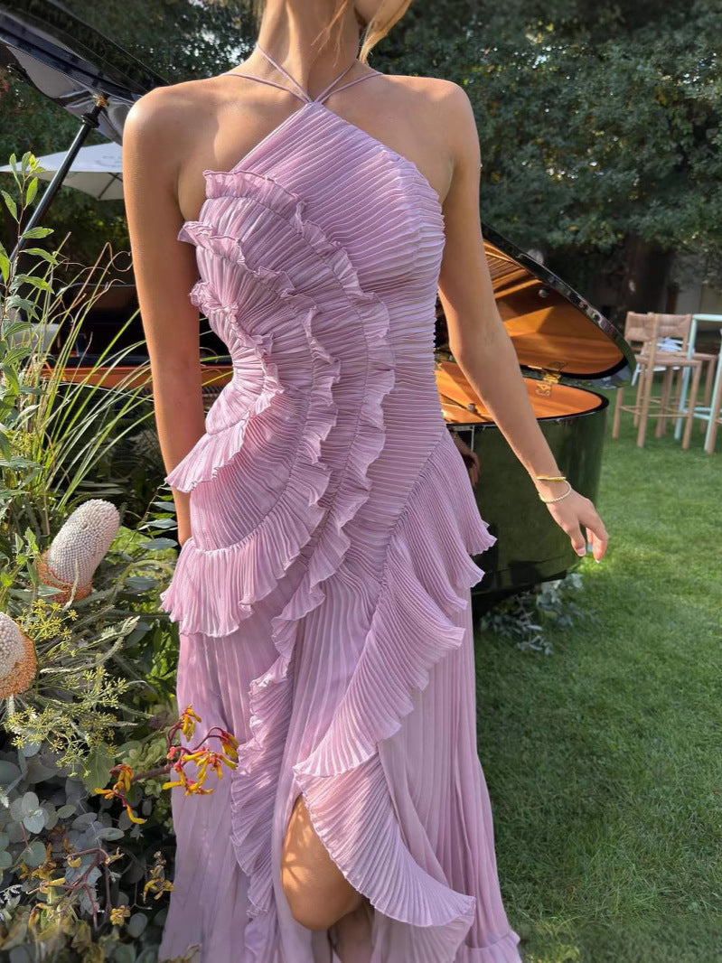 Back view of a graceful white flowy ruffle dress, an elegant sleeveless women's charming dress.