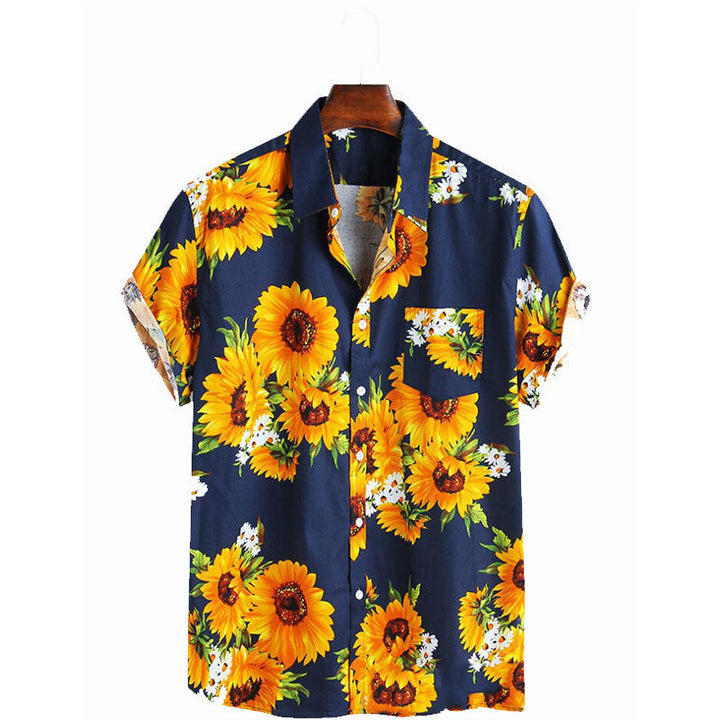 Men's vibrant short sleeve shirt with colorful sunflower print, perfect for summer casual wear & holidays.