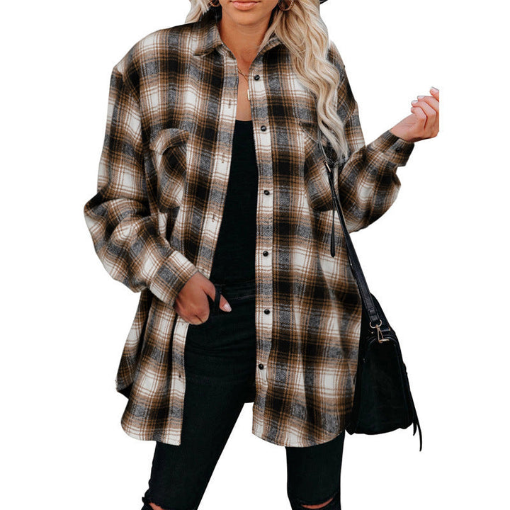 Warm women's plaid shirt jacket, a comfortable outerwear staple for fall and winter season.
