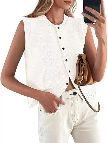 Effortless style: women's relaxed fit knitted vest. Round neck and button placket for a comfortable, chic layering look.