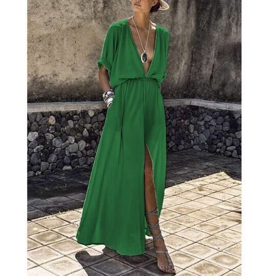 Graceful women's high slit maxi dress, a deep V-neck flowy design for an elegant party or beach look.