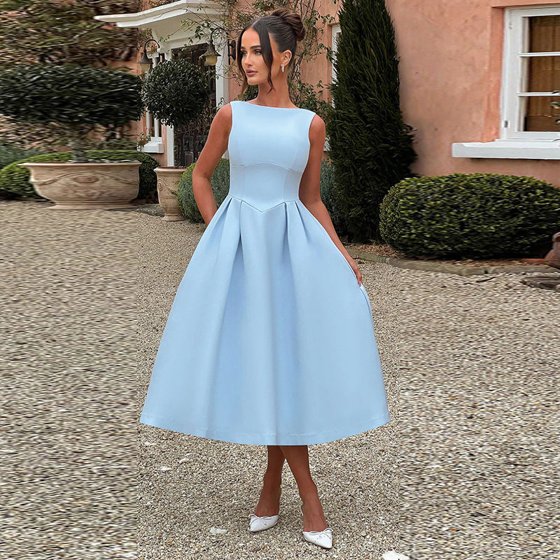 Women's classic blue A-line midi dress, elegant & versatile for special occasions. Feminine style.