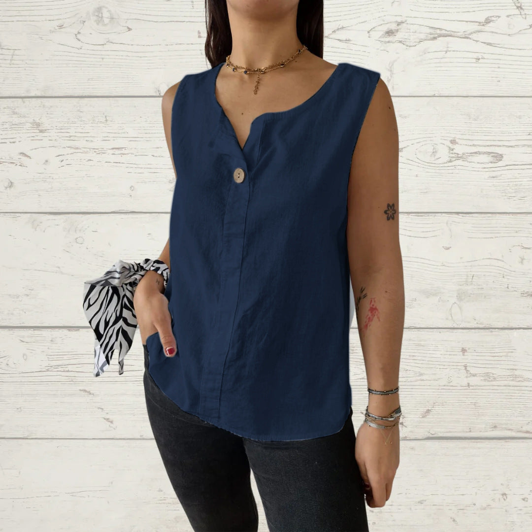 Chic women's lightweight sleeveless blouse, featuring sophisticated button details & comfortable round neck.