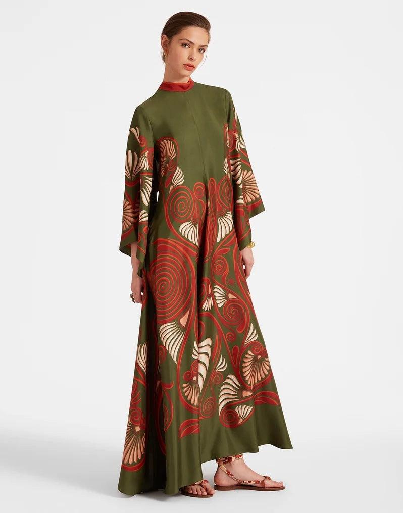Elegant A-line women's dress, vibrant 3D print, three-quarter sleeves. Perfect for parties & work.