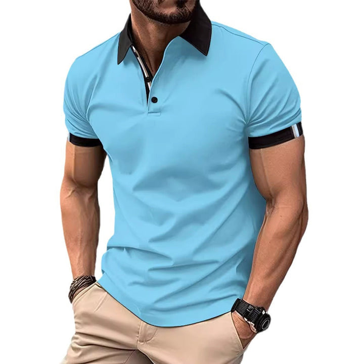 Men's activewear polo, short sleeve, performance fit, featuring distinctive contrast collar & cuffs.