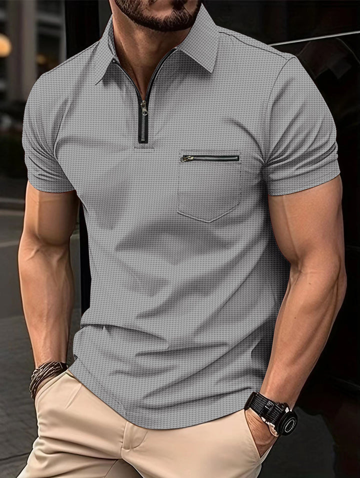 Versatile men's summer polo shirt, short sleeve with a stylish zipper, great for modern casual wear.