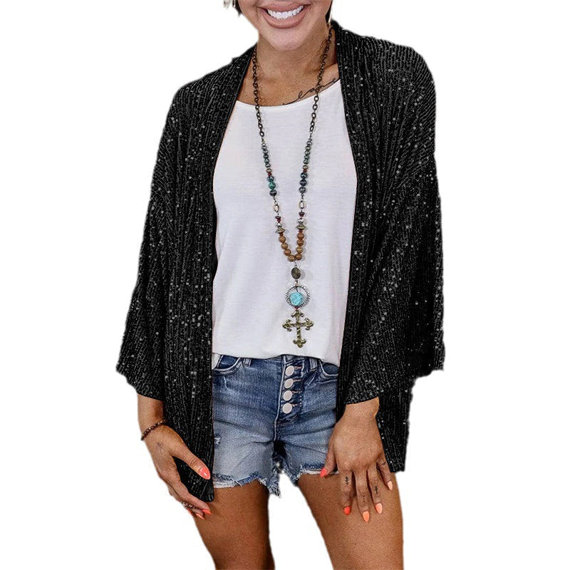 Glamorous women's sequin jacket, loose fit sparkle cardigan for evening & special events.