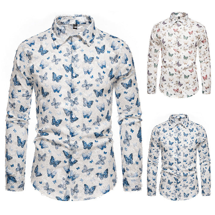 Men's long sleeve shirt with unique blue & white butterfly pattern, perfect for stylish casual wear.