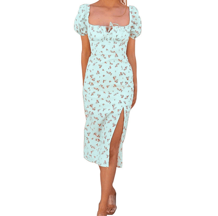Stylish spring/summer floral midi dress. Women's elegant puff sleeve design, perfect for casual or party wear.