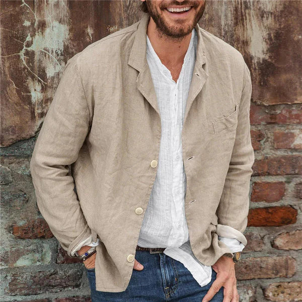 Men's casual linen cotton button-front jacket, lightweight & comfortable for spring and summer style.