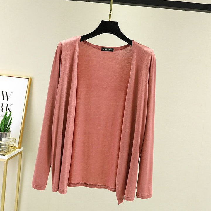 Soft, lightweight open front long sleeve cardigan for women. Comfortable casual wear.