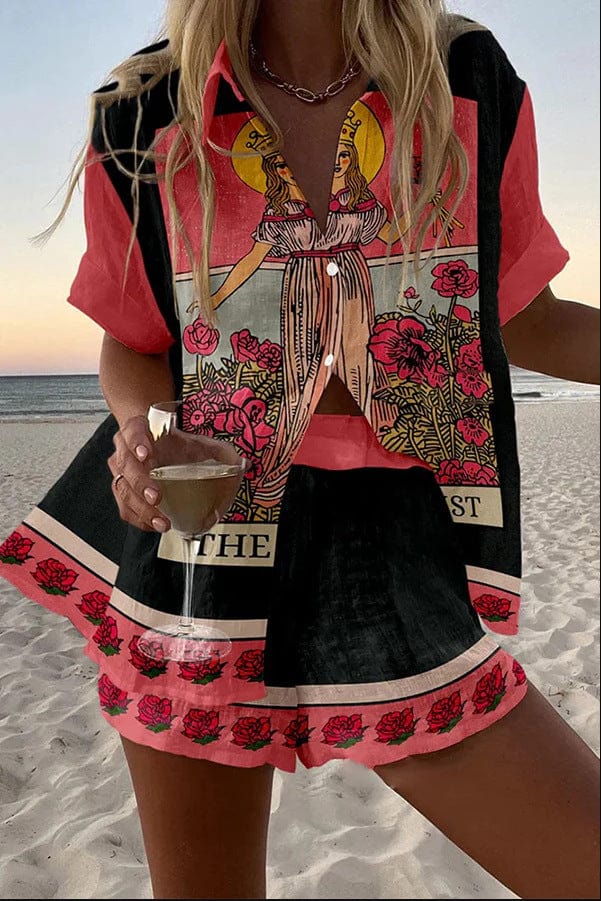 Stylish women's summer two-piece shorts set. Comfortable, breathable, and fashionable for casual or vacation wear.