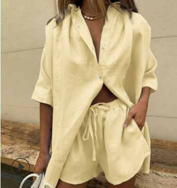 Women's two-piece shorts set for summer, offering casual comfort with a stylish button top.