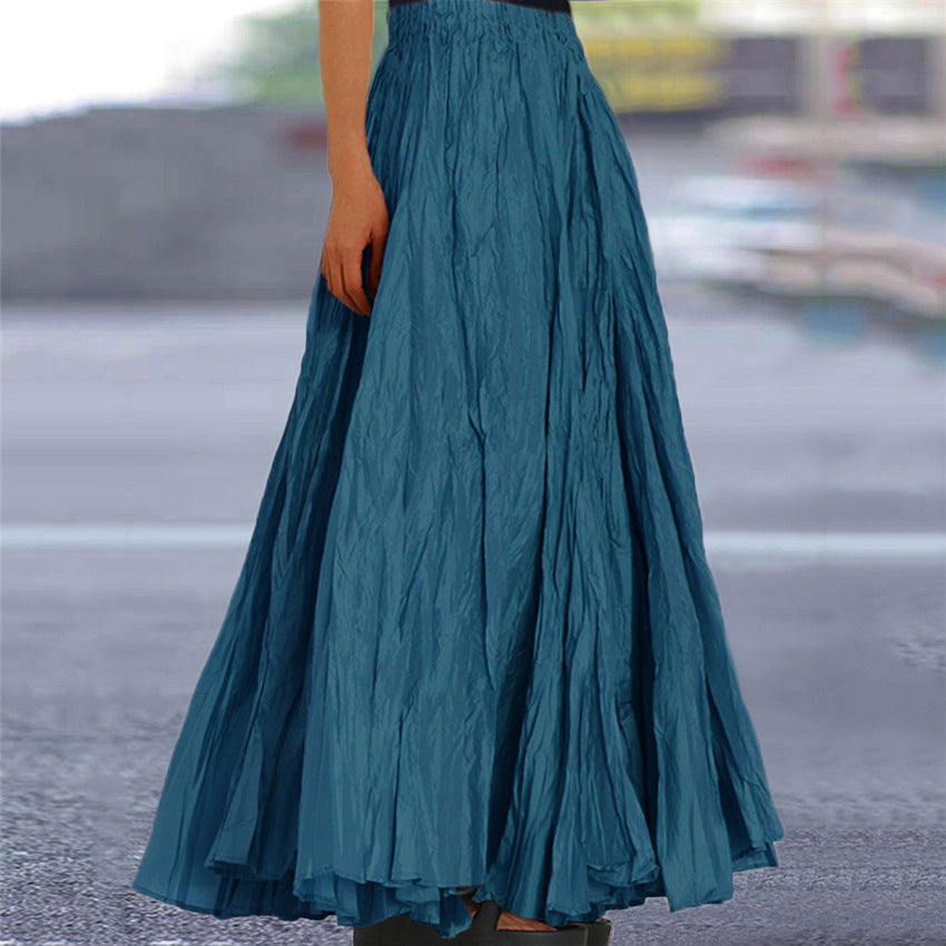 Modern women's long A-line skirt, elastic waist, creating an effortless flowing look.