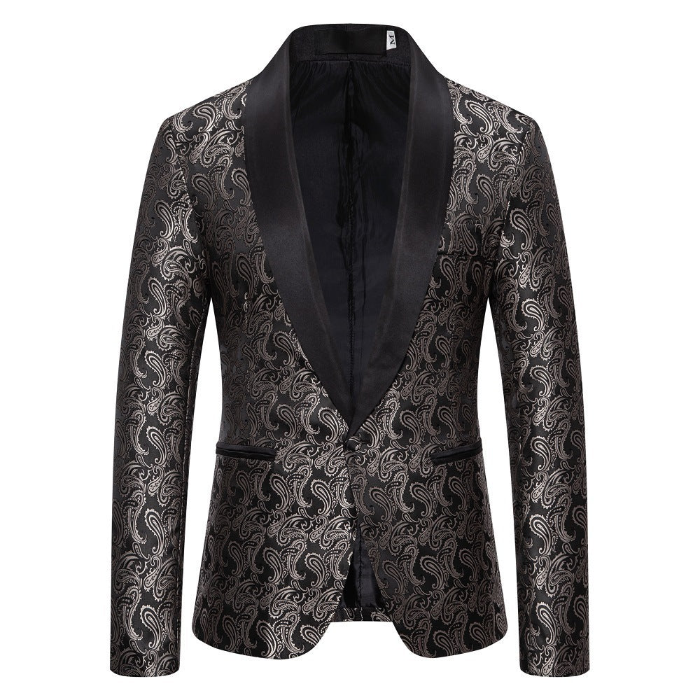 Fashionable men's tuxedo jacket with unique paisley pattern, perfect for formal events.