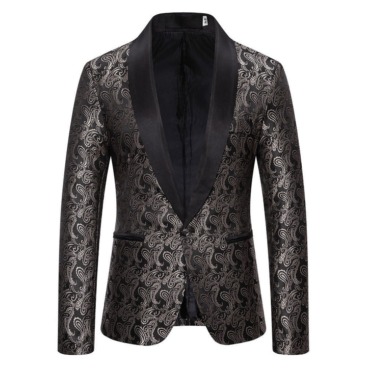 Fashionable men's tuxedo jacket with unique paisley pattern, perfect for formal events.