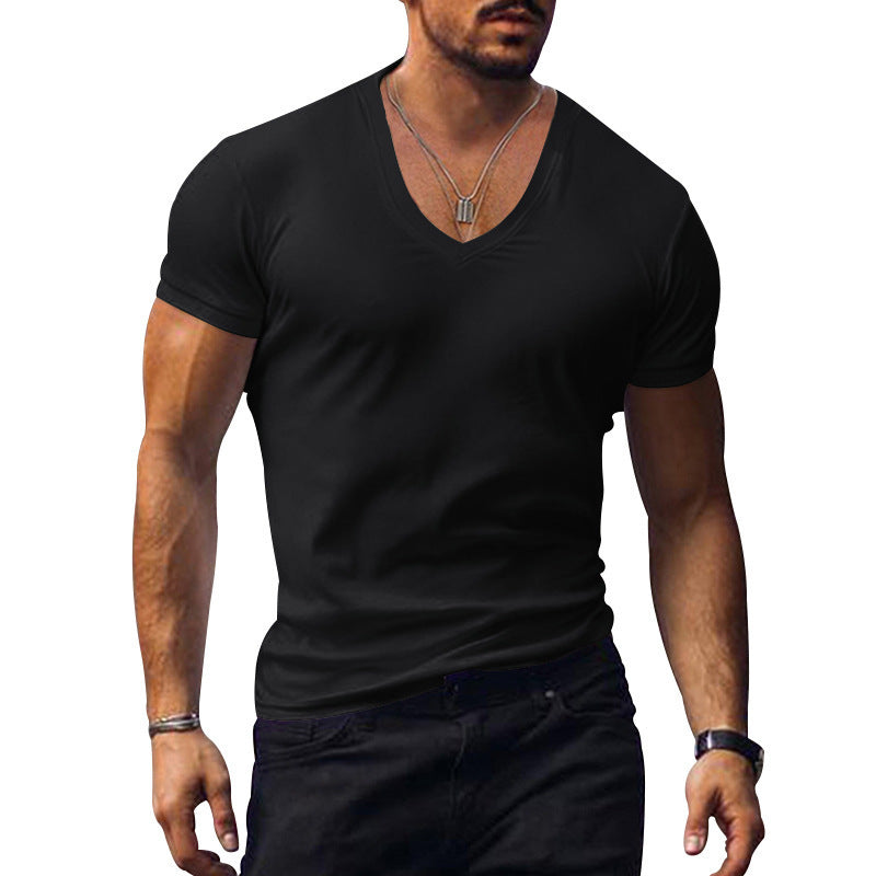 Side view of men's V-neck T-shirt, classic fit, short sleeve, perfect everyday style & comfort.