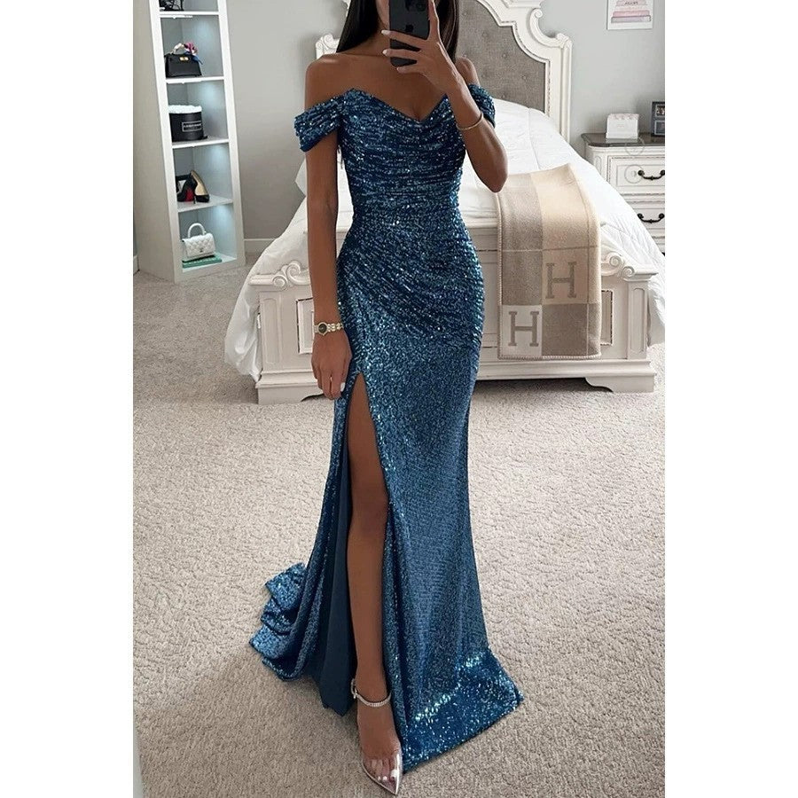 Glamorous off-shoulder sequin maxi dress for women. Perfect formal evening gown with a flattering slit.