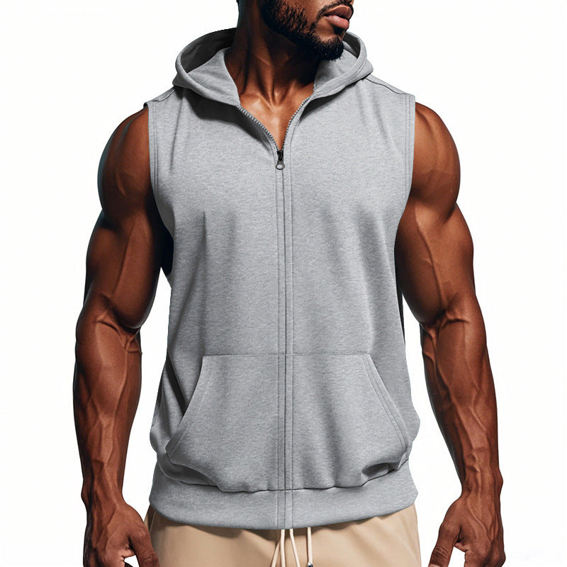 Trendy men's full-zip hooded vest, a sleeveless jacket for modern active fashion.