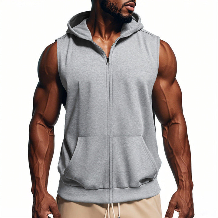 Trendy men's full-zip hooded vest, a sleeveless jacket for modern active fashion.