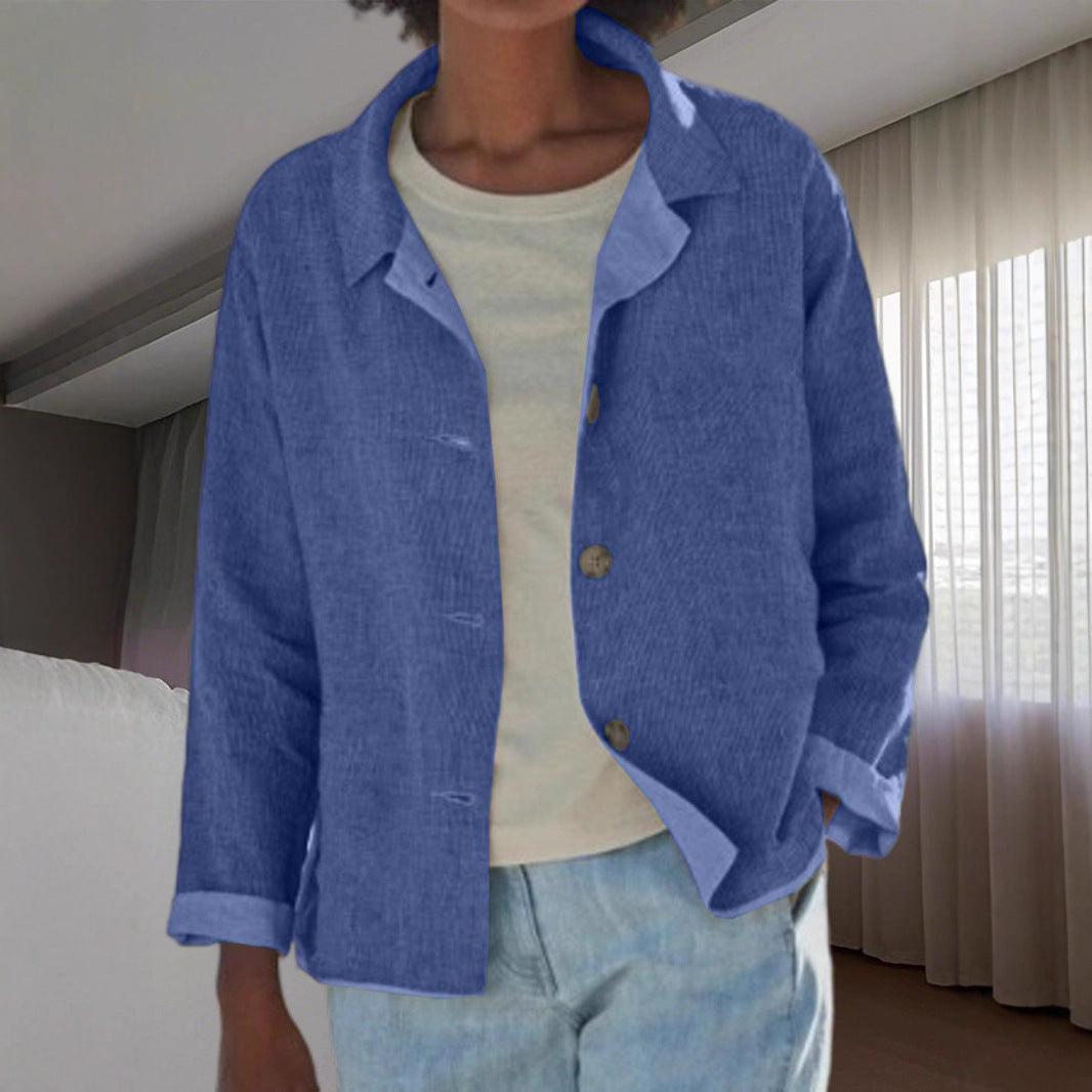 Comfortable women's fall jacket, lightweight & buttoned, ideal for casual layering & versatile fashion.