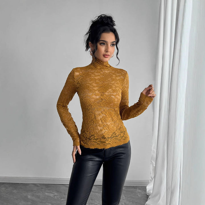 Women's form-fitting floral lace bodysuit with long sheer sleeves and an elegant high neckline.