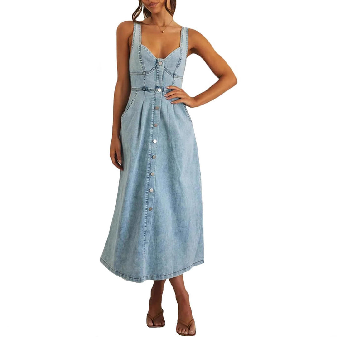 Women's classic blue denim midi dress, sleeveless with a button-front closure. Perfect for summer casual elegance.