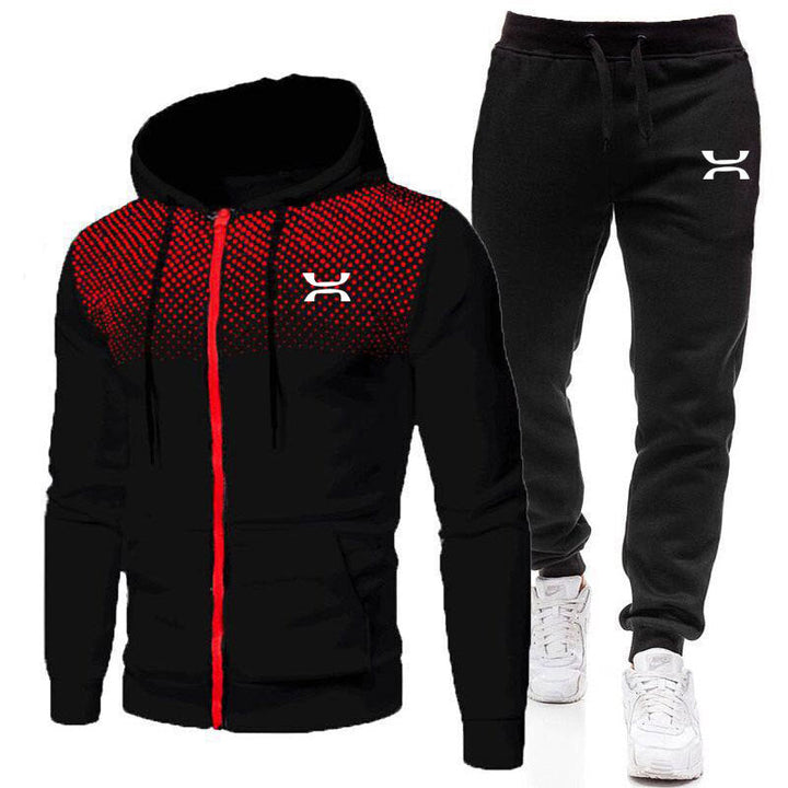 Modern men's activewear tracksuit: breathable athletic hoodie & matching jogging pants for training.