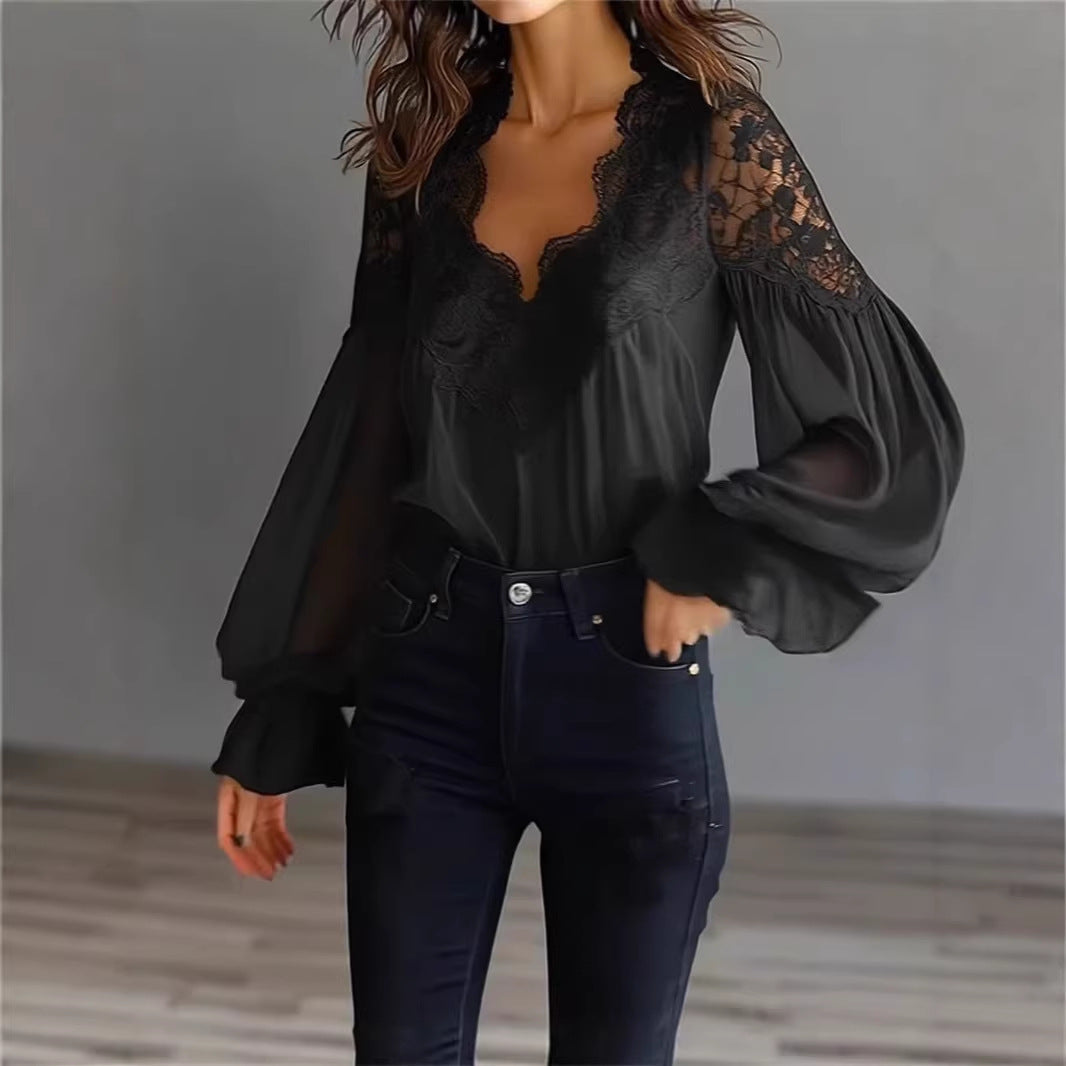 Fashionable women's lace blouse with cascading ruffle sleeves, ideal for a sophisticated spring look.