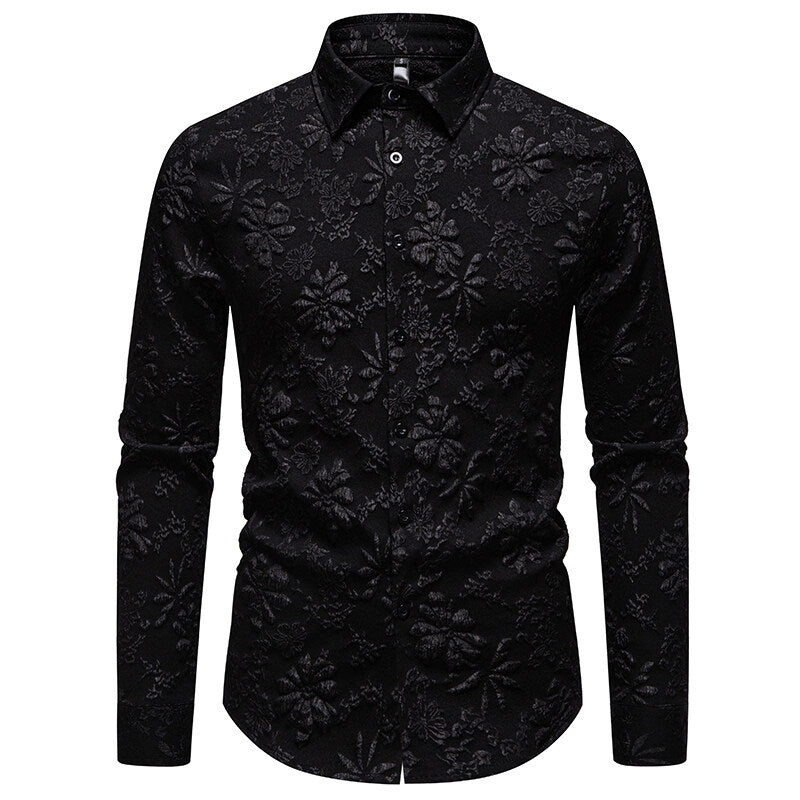 Detail shot of men's floral relief long sleeve shirt, highlighting the elegant and intricate pattern texture.
