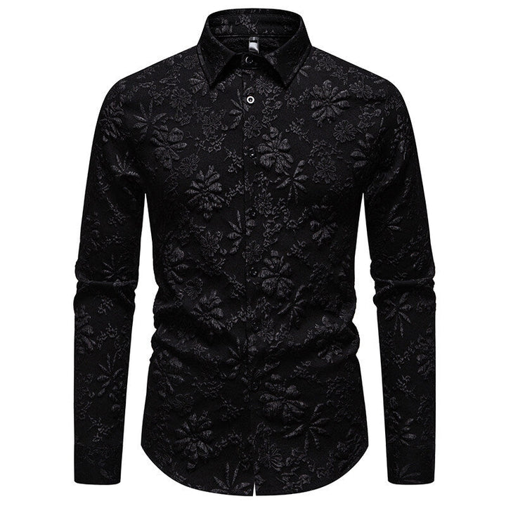 Detail shot of men's floral relief long sleeve shirt, highlighting the elegant and intricate pattern texture.