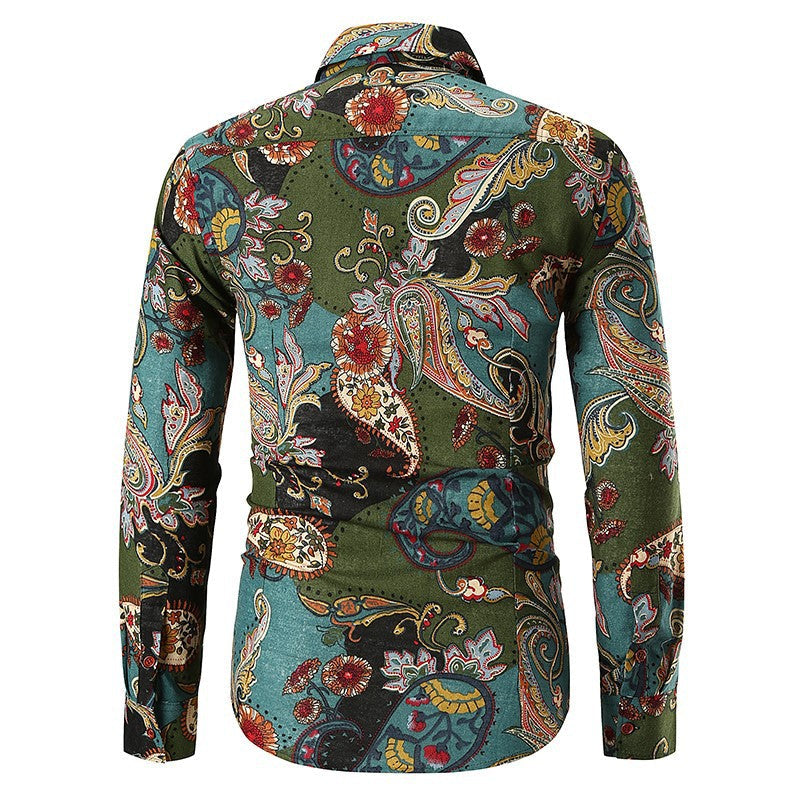 Vibrant men's long sleeve shirt with an elegant paisley pattern, adding style to any outfit.