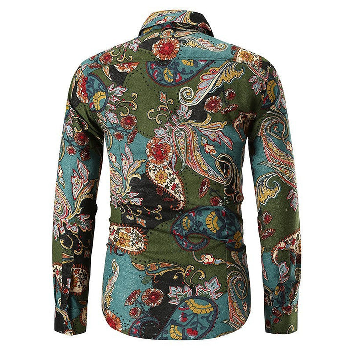 Vibrant men's long sleeve shirt with an elegant paisley pattern, adding style to any outfit.