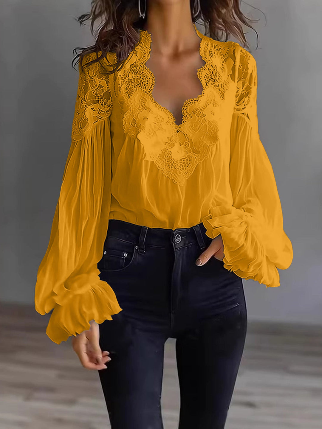 Versatile women's blouse: delicate lace fabric, long ruffle sleeves, perfect for stylish spring outfits.