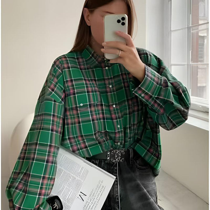 Classic women's plaid check shirt, oversized long-sleeve button-up, perfect for layering and comfort.