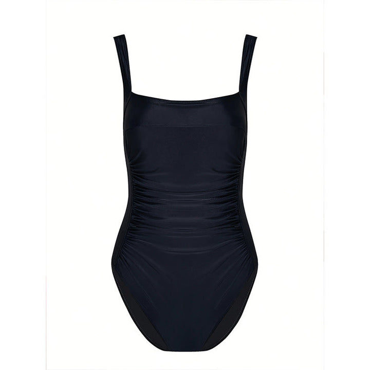 Stylish black one-piece square neck monokini swimsuit for women. Flattering resort & beachwear.