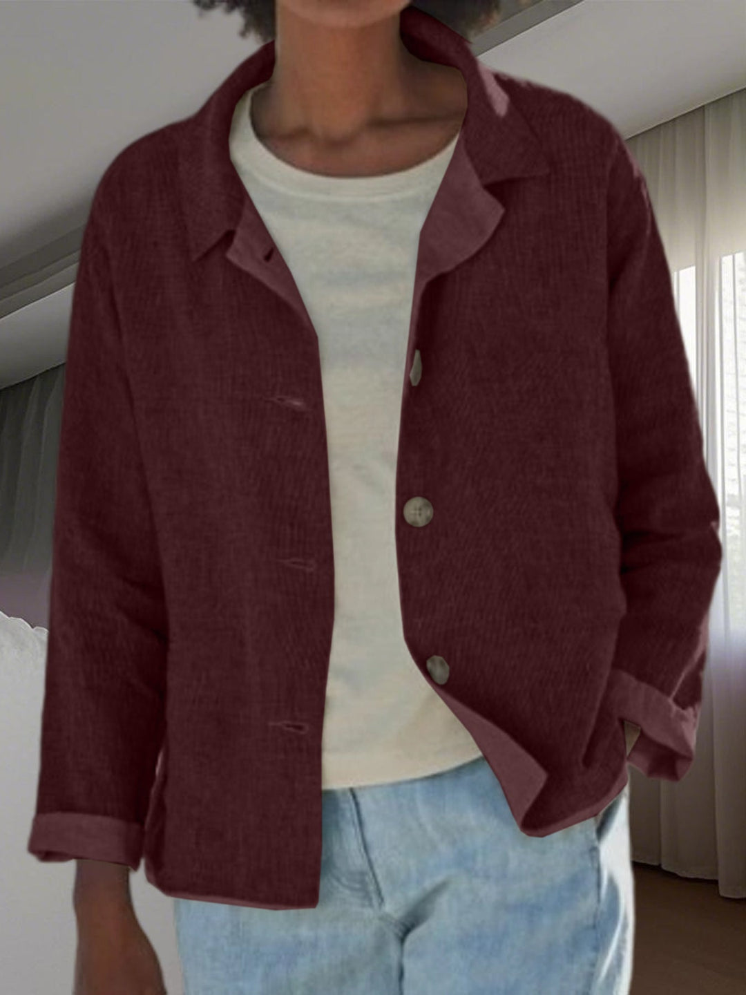 Soft, lightweight women's casual jacket with buttons. Ideal comfort outerwear for spring & fall layering.
