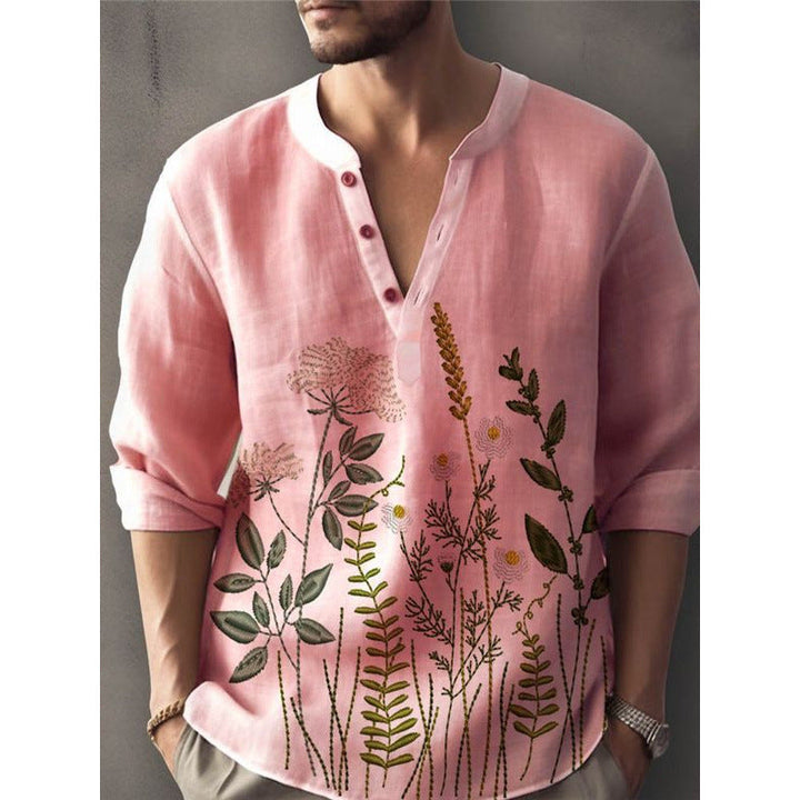 Men's elegant long sleeve button-down shirt with intricate floral embroidery. Perfect for casual spring fashion.