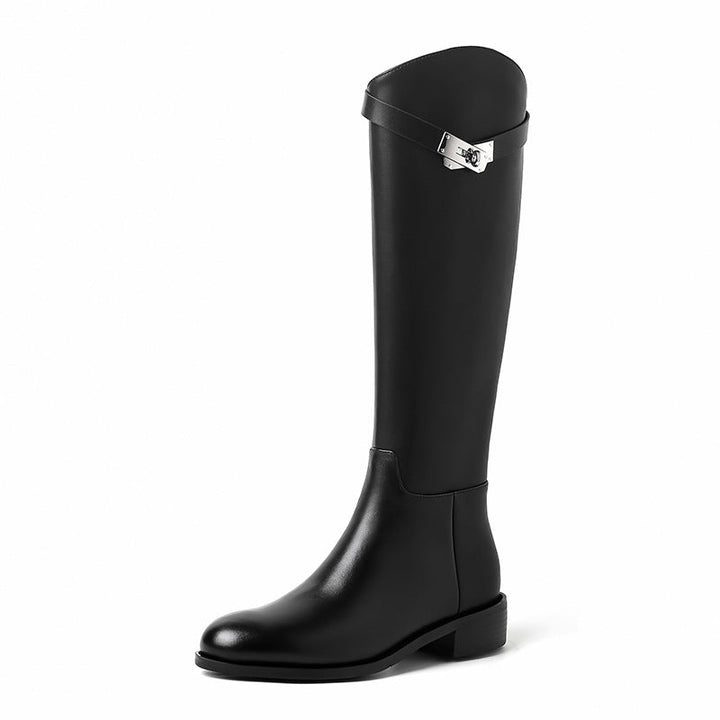 Elegant black women's knee-high riding boots with a classic round toe, perfect for fall & winter fashion.