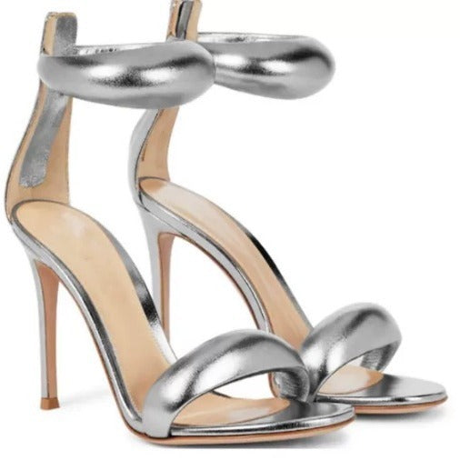 Strappy stiletto high heel sandals for women, featuring a chic ankle strap & open toe design.