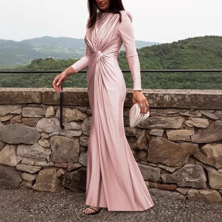 Chic women's fashion long dress with high collar & flattering gathered waist. Perfect for elegant evening or party wear.