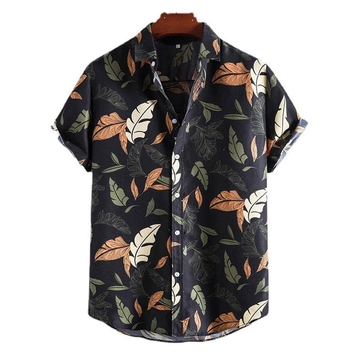 Men's modern floral print short-sleeve casual shirt. Button-down, relaxed fit, great for summer vacation style.