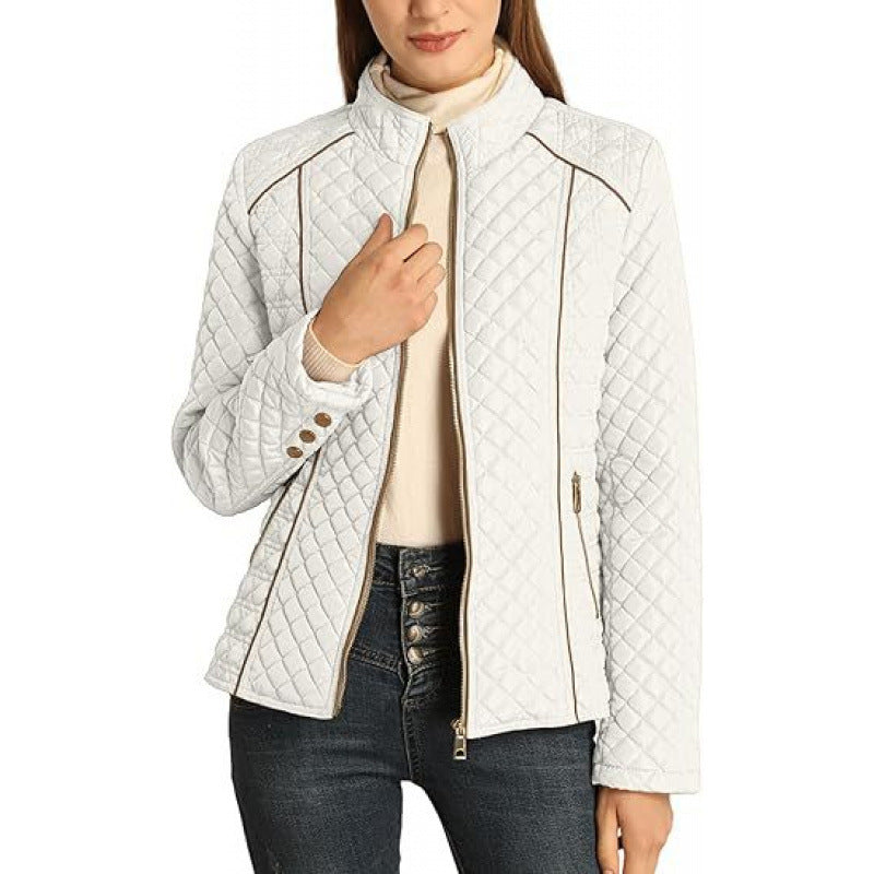 Classic women's puffer jacket, quilted with a high collar, offering a stylish look for casual outings.