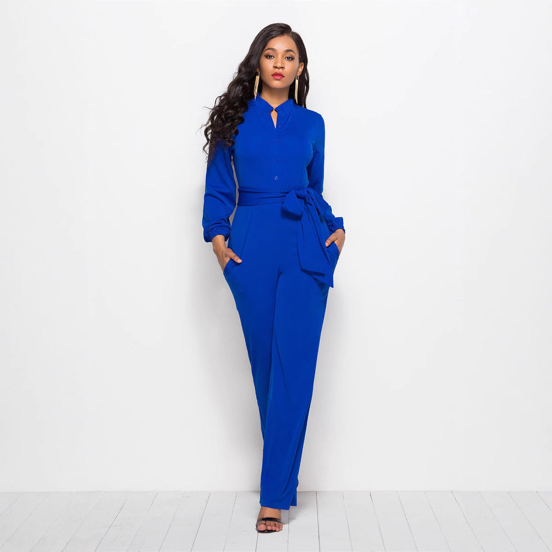 Fashionable women's one-piece jumpsuit with elegant tailoring and long sleeves for a sleek look.