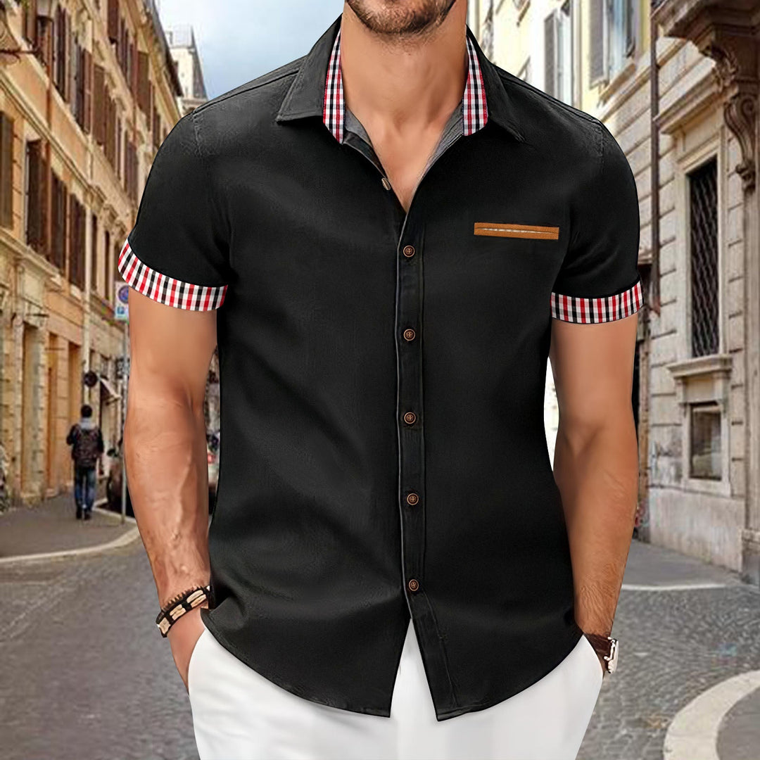Stylish men's casual shirt, short sleeve design with unique contrast details, a modern wardrobe essential.