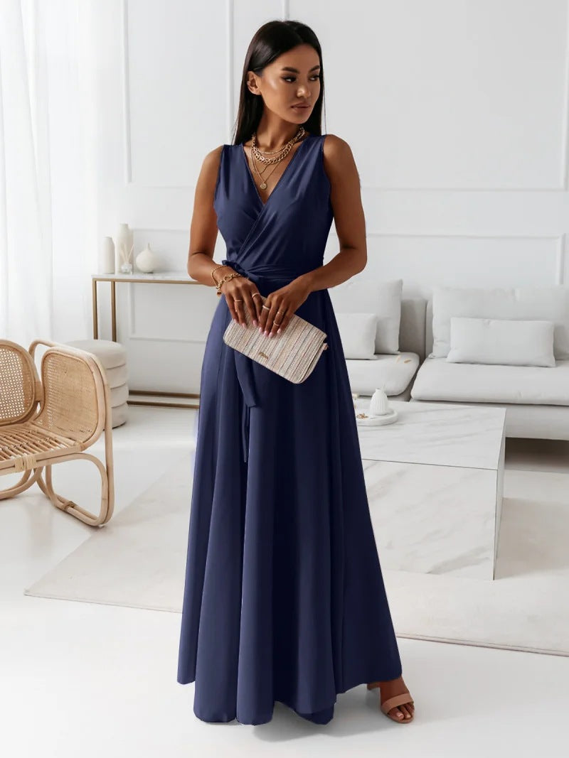 Long, elegant sleeveless wrap maxi dress for women, a beautiful choice for wedding guests & formal events.