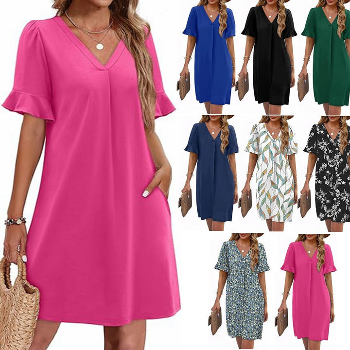 Women's flowy floral V-neck summer dress with short sleeves, ideal for casual wear & vacations.