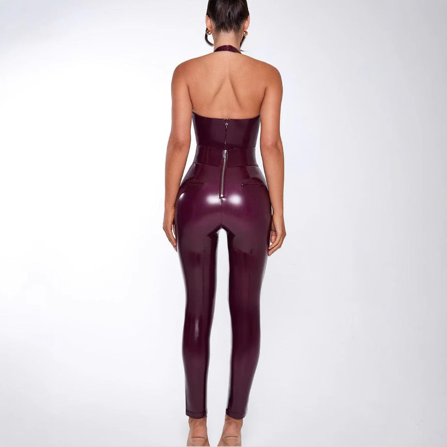 Slim fit women's purple jumpsuit with a daring deep V-neck, offering an elegant and fashionable silhouette.