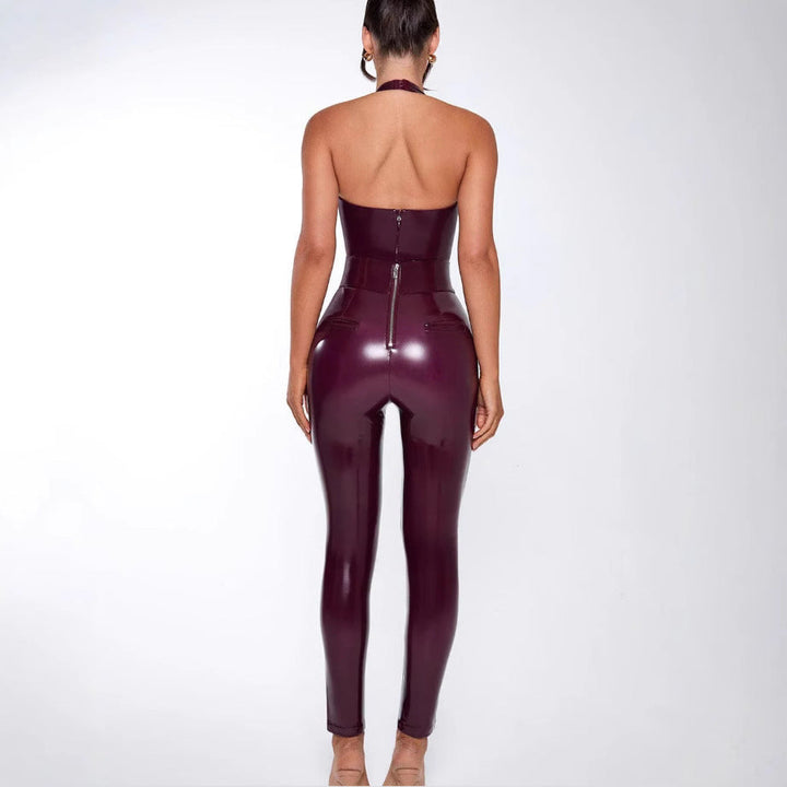 Slim fit women's purple jumpsuit with a daring deep V-neck, offering an elegant and fashionable silhouette.